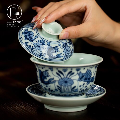 三勤堂青花手工盖碗三件套景德镇复古陶瓷鱼藻纹功夫茶具高端手绘 - 图3