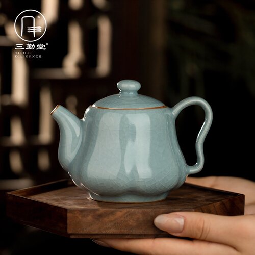 三勤堂汝窑茶壶景德镇陶瓷开片单壶功夫茶具泡茶器家用过滤南瓜壶 - 图3