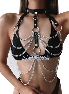 欧美皮质身体链N2303 简约合金PU皮胸链 夜店舞台演出饰品