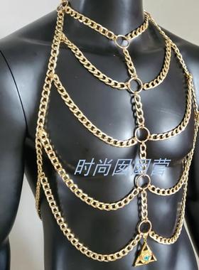 欧美跨境新款男士性感项链个性重金属胸式身体链夜店酒吧走秀配饰