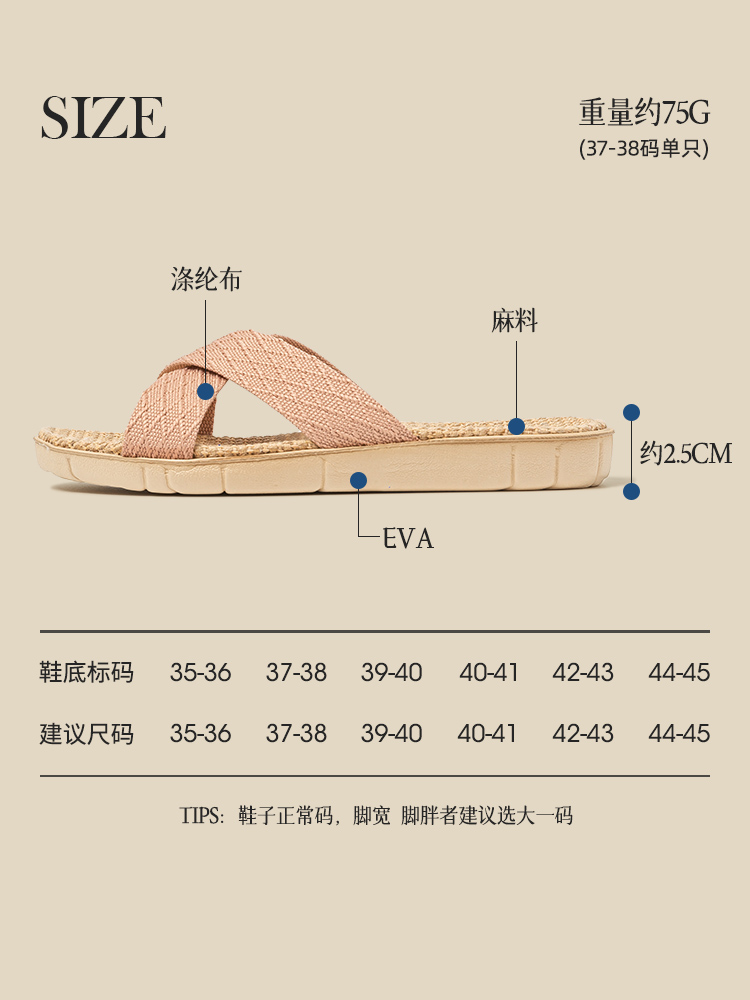 简约交叉带情侣亚麻拖鞋女家居室内防滑轻便家用客厅拖鞋四季男夏 - 图2