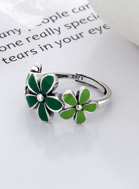 s925银纯银戒指女花朵开口