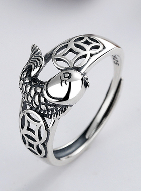 年年有鱼S925银纯银戒指女双鱼