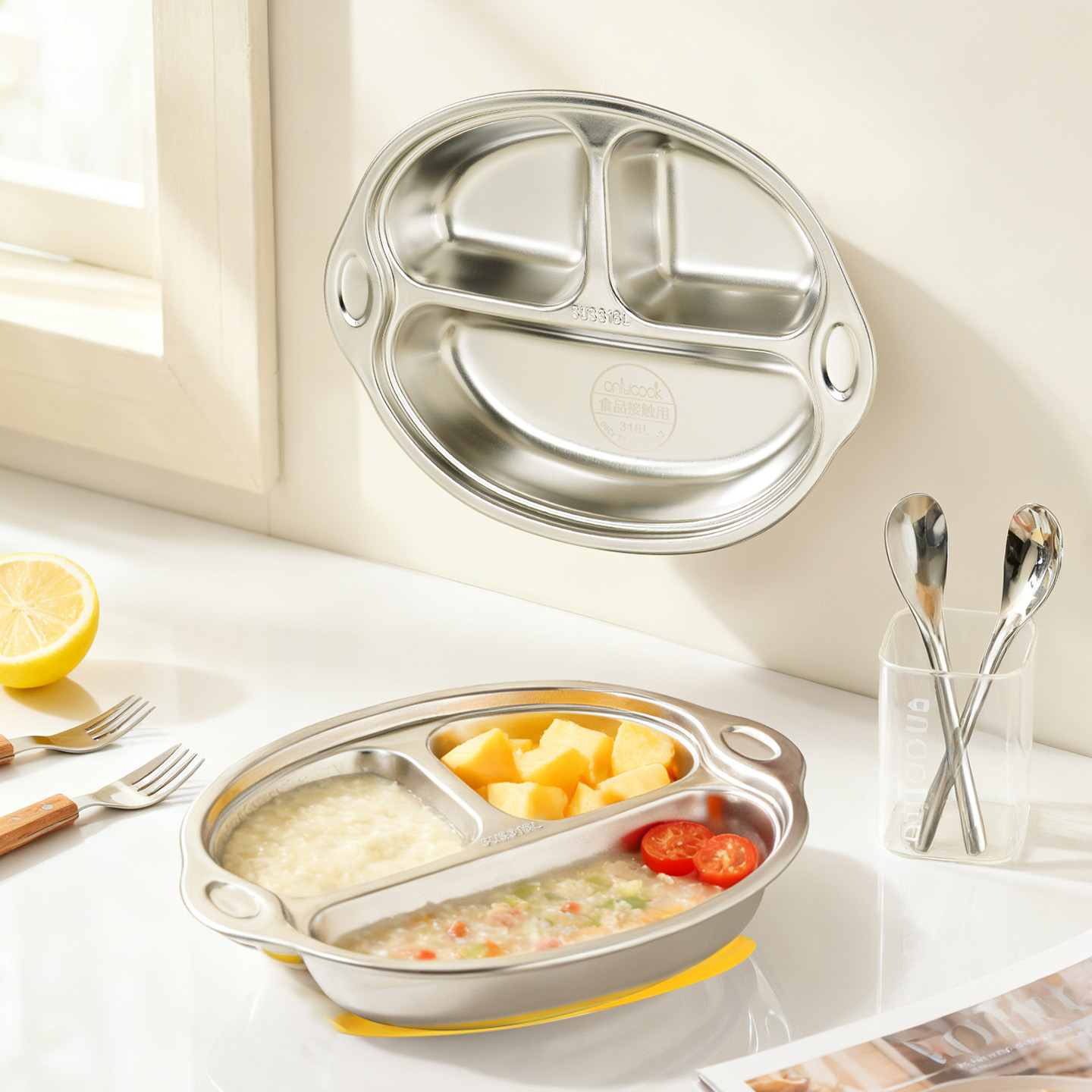 onlycook 儿童餐盘吸盘式304不锈钢餐具分餐盘宝宝婴儿盘子饭盘 - 图2
