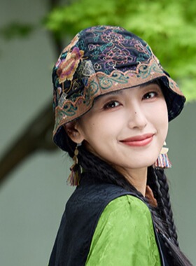 春夏民族风复古刺绣拼满面绣休闲盆帽 西瓜帽 遮阳帽旅游渡假帽女