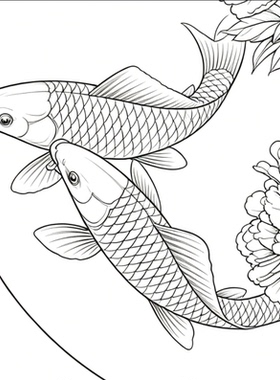 工笔画底稿牡丹鲤鱼团扇40#参考白描打印稿