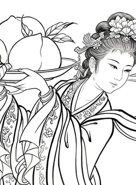 工笔画底稿 工笔人物竖幅仕女献寿图白描22#打印稿宣纸稿