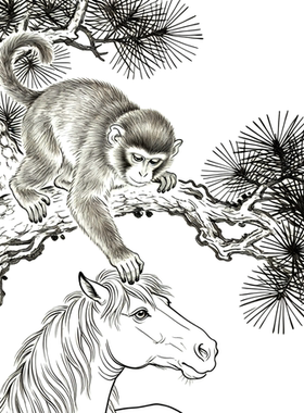 工笔画底稿人物工笔猴马上封侯白描3#打印稿宣纸稿学习临摹