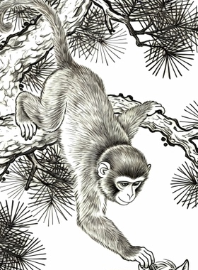 工笔画底稿人物工笔猴马上封侯白描2#打印稿学习临摹