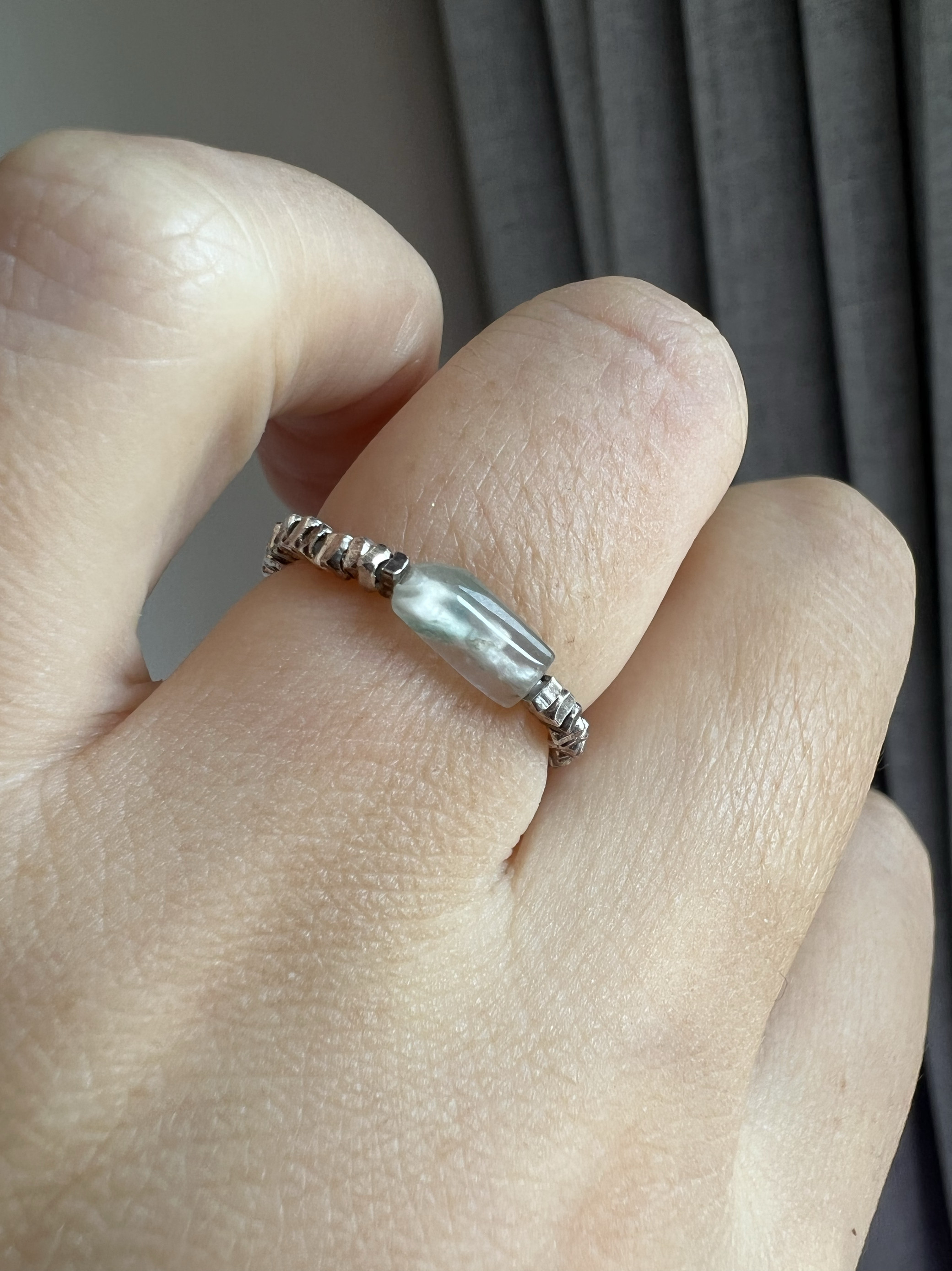 Natural Burmese Jade A Grade High Ice Floating Flower Shape Beads 925 Broken Silver Bullet Ring