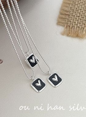 925银方牌爱心黑色滴胶吊坠项链