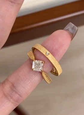 布契风~拉丝星芒锆石素圈戒指女八芒星镶钻高级小众设计百搭指环