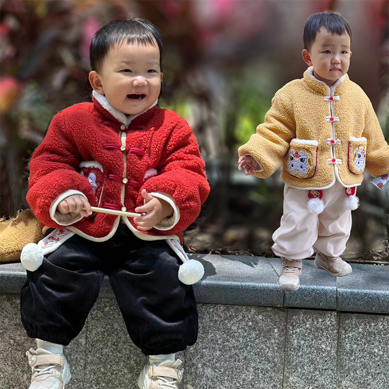 男女童过年服唐装加绒加厚套装1-2-3周岁礼服中国风拜年宝宝衣服