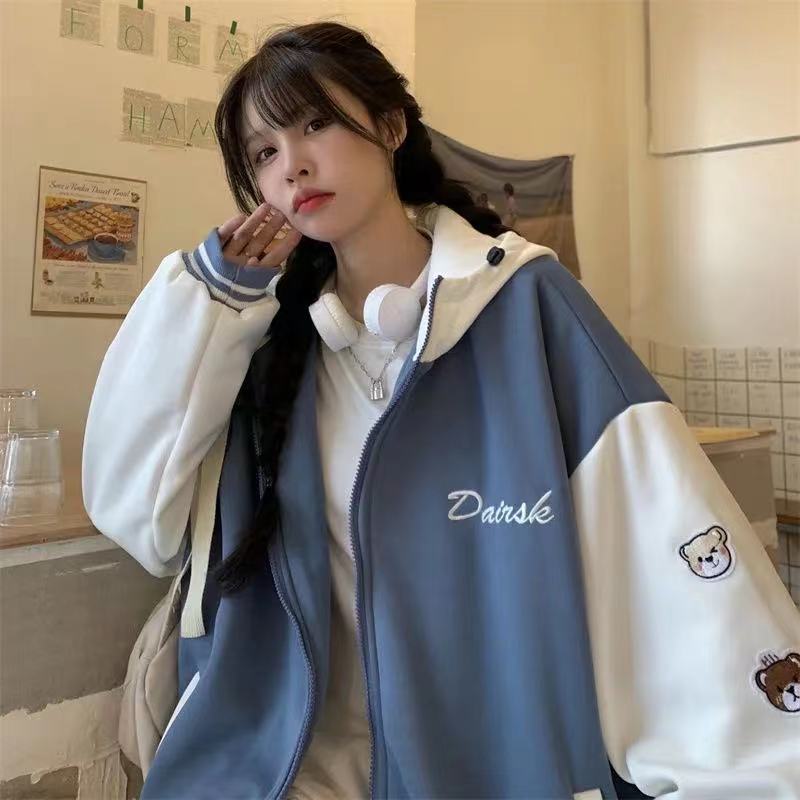 Blue Print Casual Loose Jacket Baseball Jacket Hooded Women' - 图1