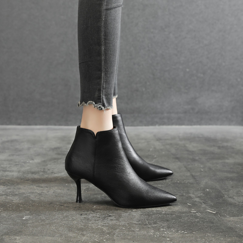 小码女鞋313233尖头细跟高跟鞋女单靴通勤工作靴大码短靴女41一43 - 图0