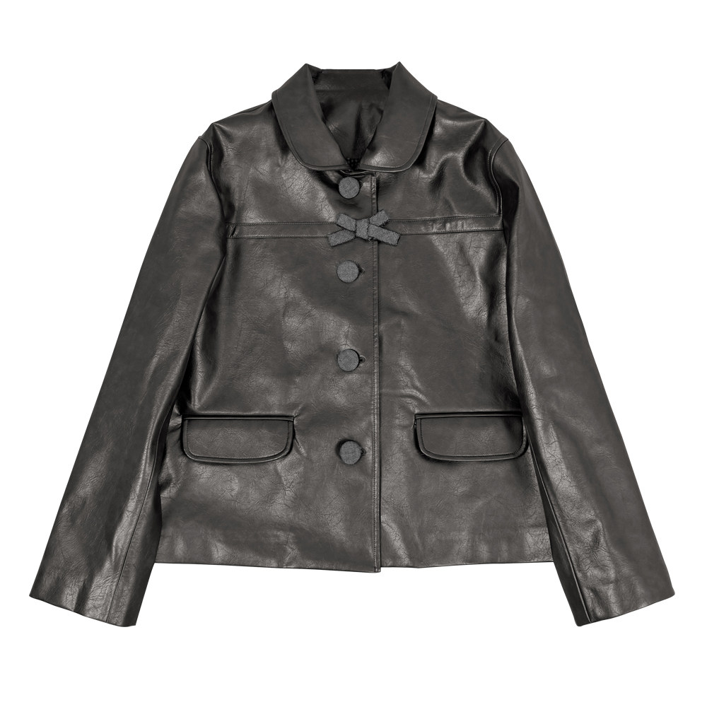 Puhpowee“娜娜同款”蝴蝶结环保短皮衣外套复古纯色娃娃领夹克女,淘宝优惠券,粉丝福利购,淘宝优惠卷