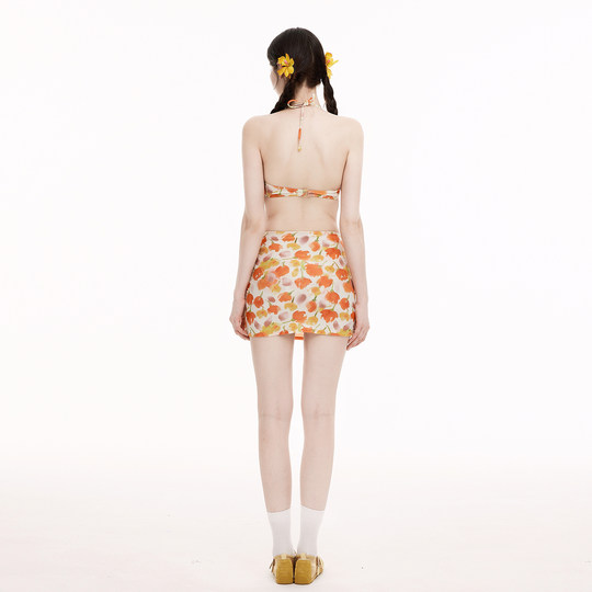 Orange floral bikini four-piece set