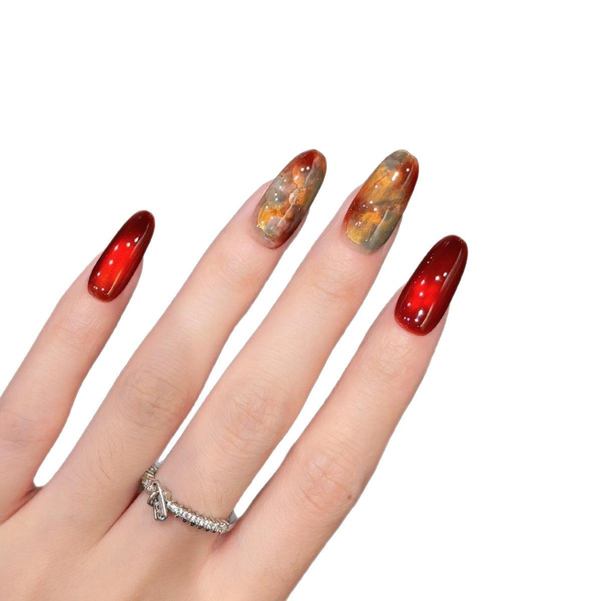 老钱风晕染猫眼指甲贴纯手工穿戴甲手绘高级显白红色椭圆美甲贴片,淘宝优惠券,粉丝福利购,淘宝优惠卷