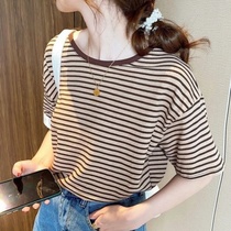 Fashion Loose T-Shirt Woman Striped Short Sleeve 2022 Summer New Tide Student Korean Version Round Collar 100 Lap Cotton Blouse