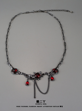欧美朋克红宝石暗黑金属链条项链