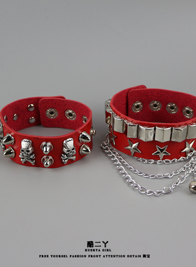 皮质宽手链个性霸气骷髅铆钉手环