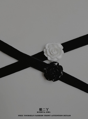 黑色山茶花choker脖子白丝带颈链