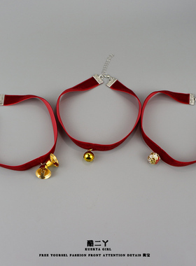 圣诞新年红色丝绒铃铛项链氛围感