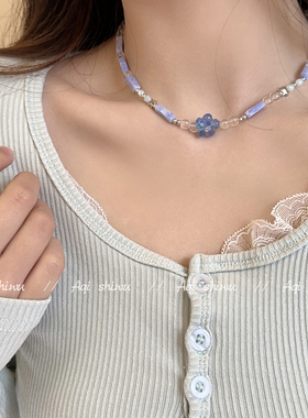清新蓝色串珠花朵颈链女ins夏日