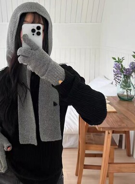 ins韩代爱心标简约纯色针织保暖五指可触屏漏指手套男女学生秋冬