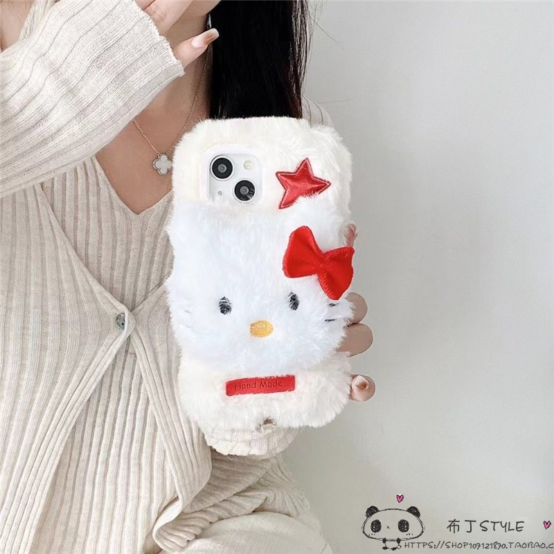 秋冬毛绒适用iPhone15pro手机壳Kitty猫14pro少女max立体13mini网红11苹果12小红书7plus女se2毛茸茸x8r酷6s - 图3