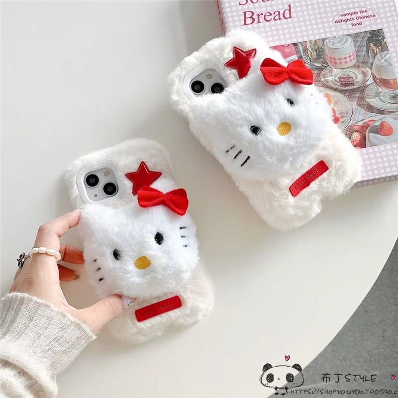 秋冬毛绒适用iPhone15pro手机壳Kitty猫14pro少女max立体13mini网红11苹果12小红书7plus女se2毛茸茸x8r酷6s - 图1
