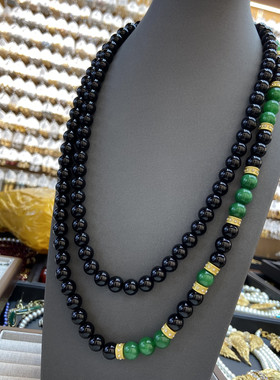 新中式黑色琉璃串珠项链绿玉隔珠复古高级感天然石黑玛瑙毛衣链女