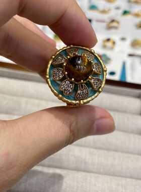 西洋中古铜做旧复古金色搭配圆形粉色蓝色虎眼珍珠开口叠款戒指