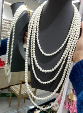 法式轻奢欧美简约多层高亮施家珍珠女式项链 长款多层毛衣链饰品