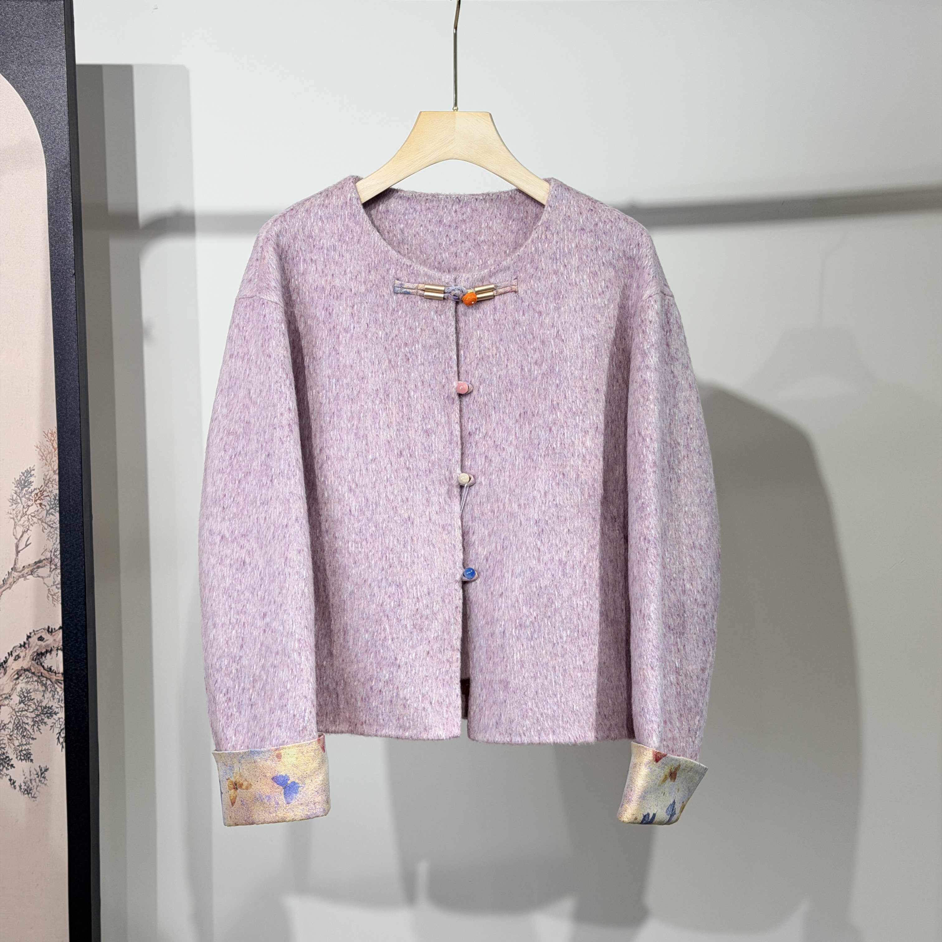 新中式柿子盘扣提花翻袖双面羊毛大衣女短款毛呢外套2025冬季新款,淘宝优惠券,粉丝福利购,淘宝优惠卷