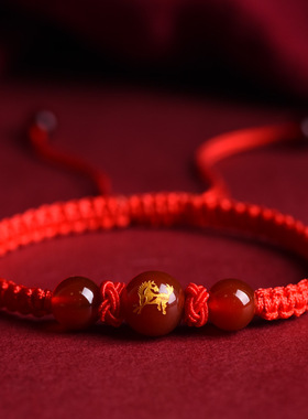 蛇年手链女红玛瑙编织红绳生肖