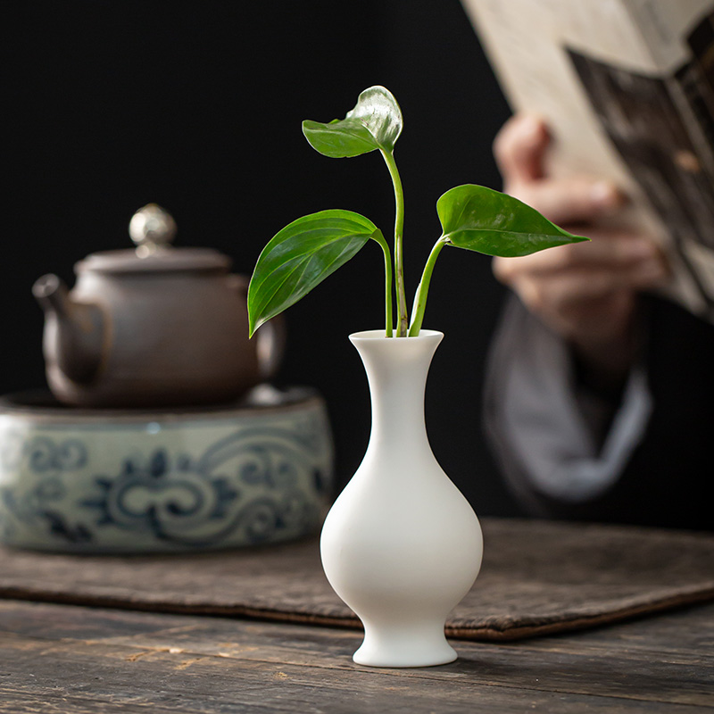 创意迷你陶瓷禅意简约水培绿萝白瓷玉净瓶茶盘茶宠桌面花瓶小摆件-图2