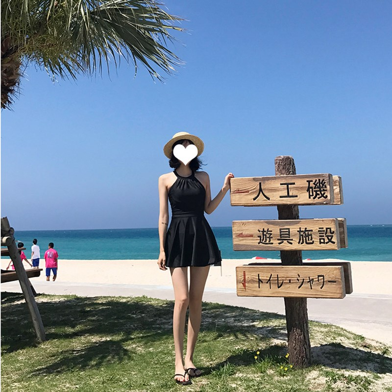 泳衣女夏季露背性感裙式连体遮肚显瘦保守学生泡温泉海边沙滩泳装-图3