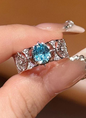 中古蕾丝vintage轻奢彩宝托帕石925纯银钻戒锆石戒指女鸽子蛋蓝钻