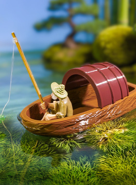浮水大号乌篷船鱼缸水缸水面漂浮姜太公钓鱼摆件假山鱼池造景
