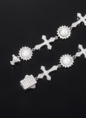 太阳花珍珠十字架纯银莫桑手链