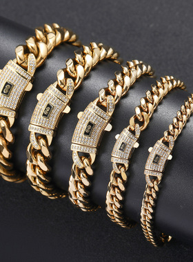 圆弧扣子镶钻钛钢男士古巴链