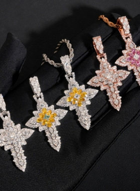 原创设计彩色花朵十字架吊坠项链