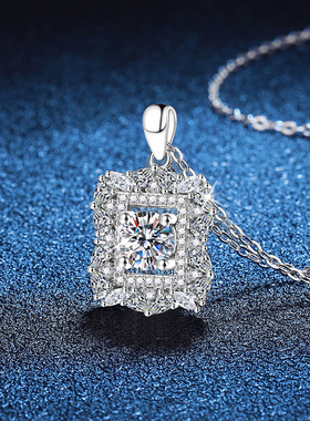 方块花朵莫桑钻纯银吊坠项链