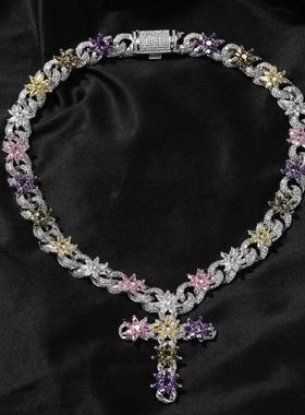 彩色冰花满钻8字十字架古巴项链
