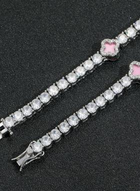 粉色四叶草锆石网球项链