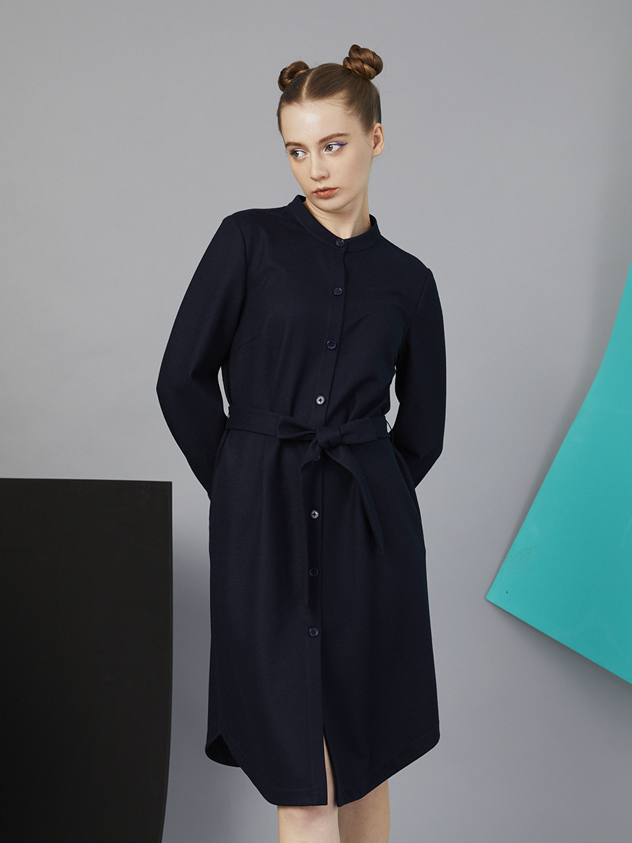 XINSILU新思路女装专柜冬装时尚蓝色羊毛H型衬衫式连衣裙女上衣