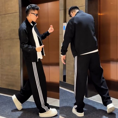 秋季美式潮牌条纹撞色空气层休闲套装男士立领夹克外套长裤两件套 - 图3