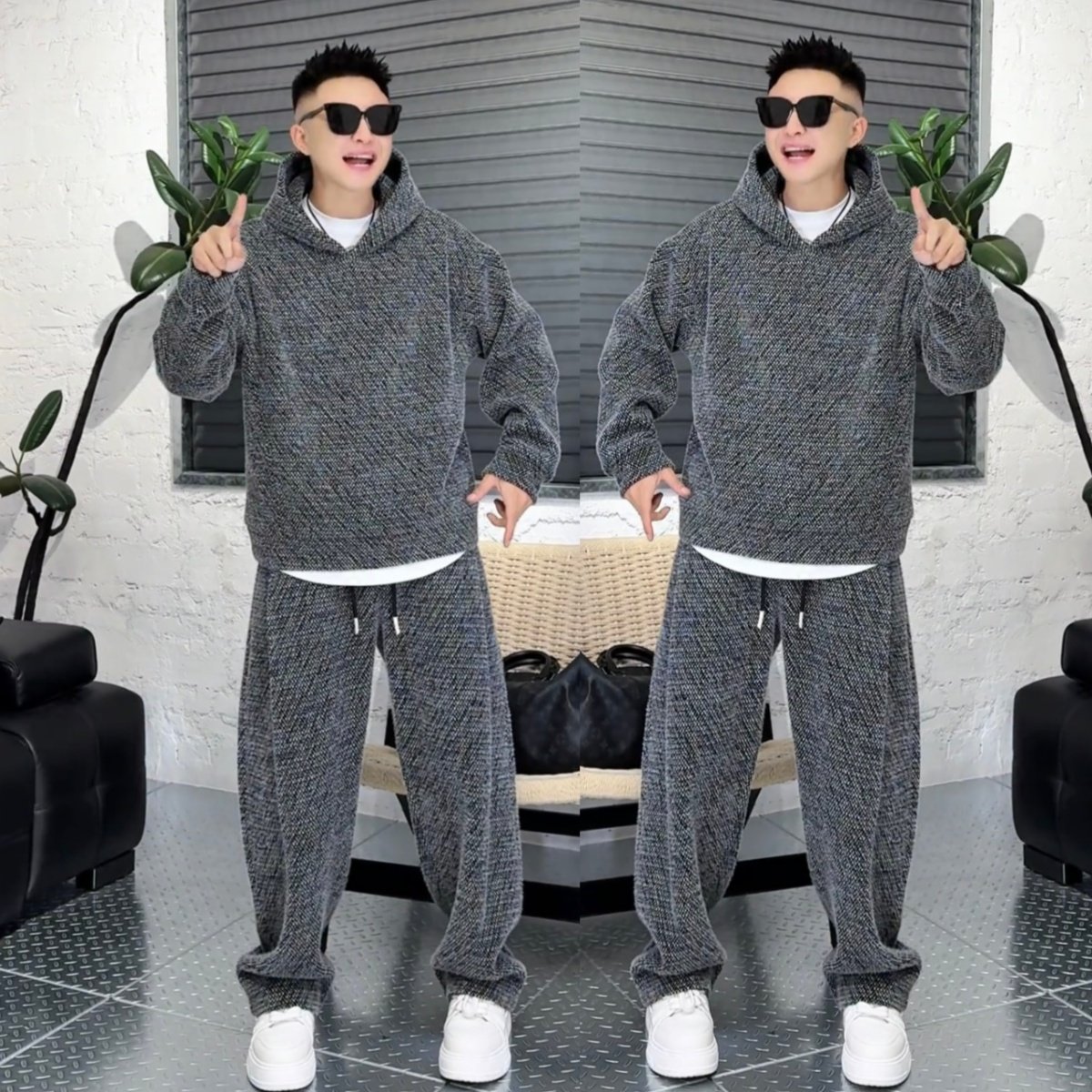 秋冬季七彩纱线毛织时尚休闲套装男士加厚保暖连帽卫衣长裤两件套,淘宝优惠券,粉丝福利购,淘宝优惠卷