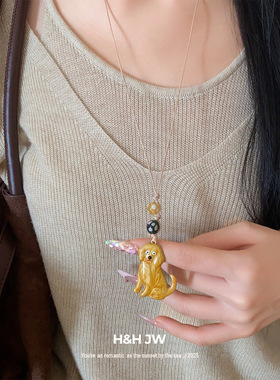 韩国东大门滴油晕染串珠小狗抽拉式项链清新甜美风毛衣链小众项饰